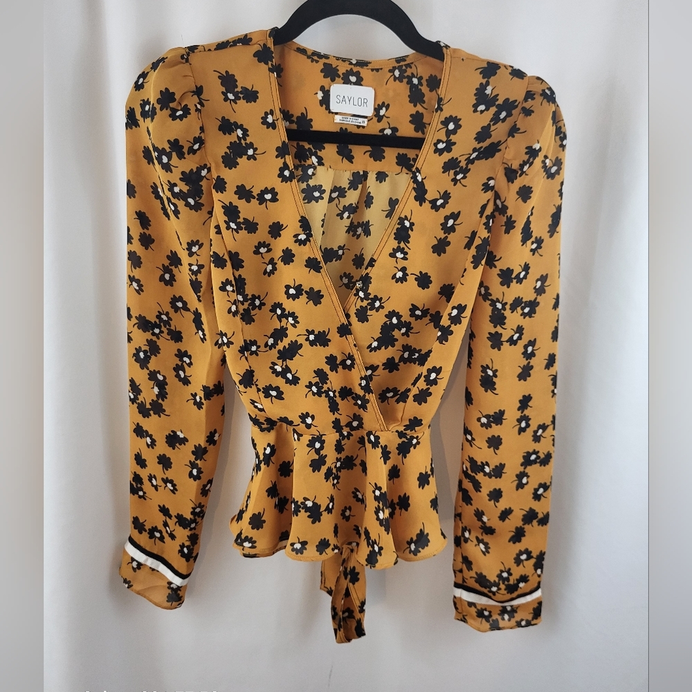 Gold Floral Long Sleeve Peplum Hem Blouse Size XS